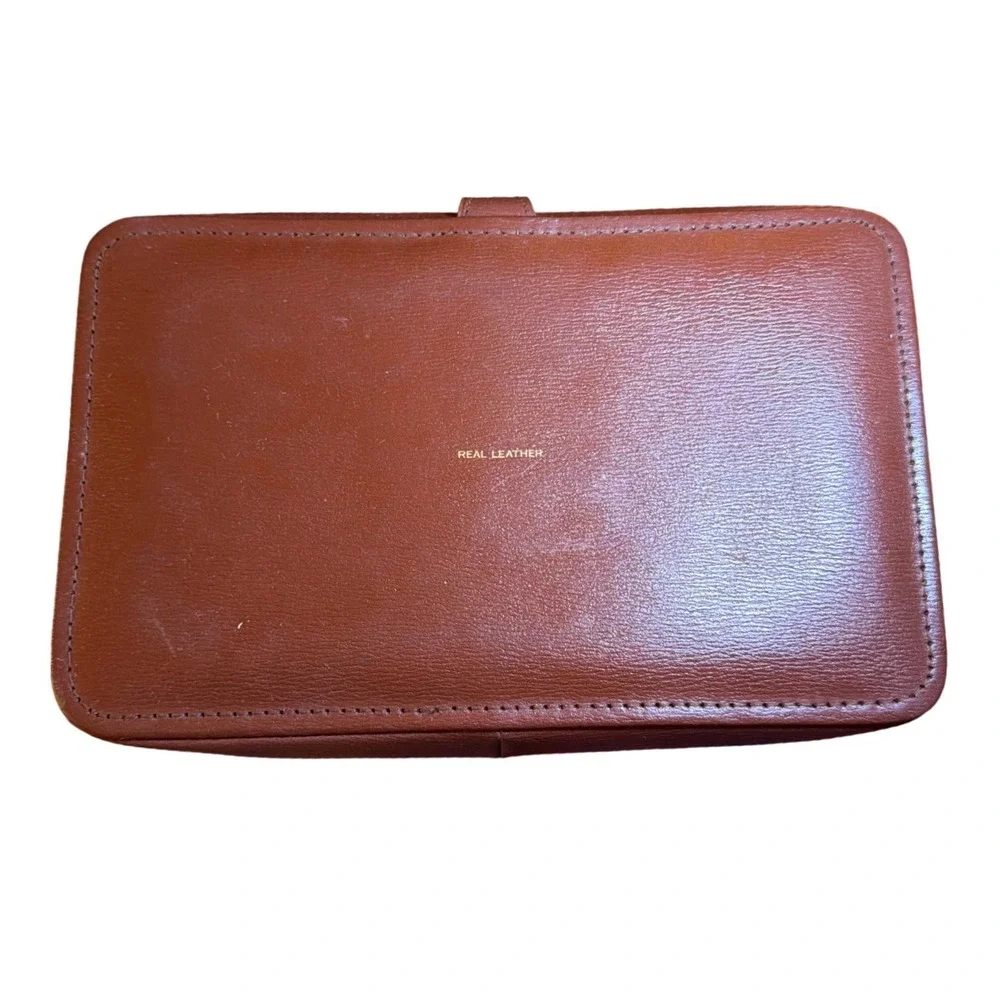 Vtg Made in England Brown‎ Real Leather Mini Travel Vanity Case Grooming Bag Box